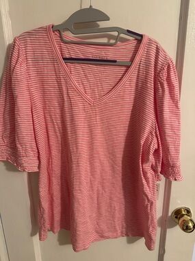Talbots Pink and White Striped V-Neck Short Sleeve Top